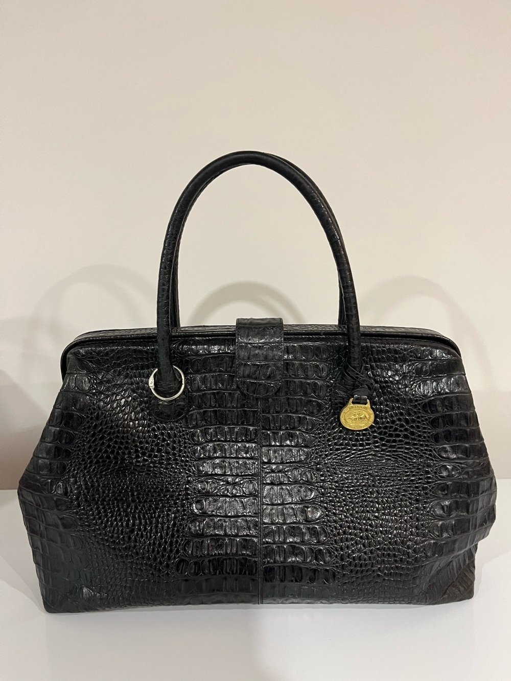Brahmin Black Croc-Embossed Leather Satchel with Gold Accent